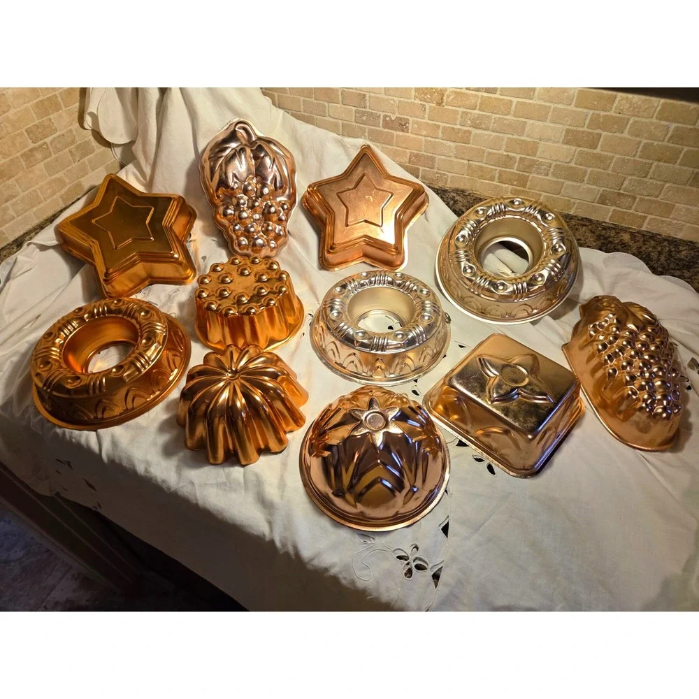 Assorted Aluminum Cake Pan Mold Lot, Mixed Shapes, Gold Copper Silver